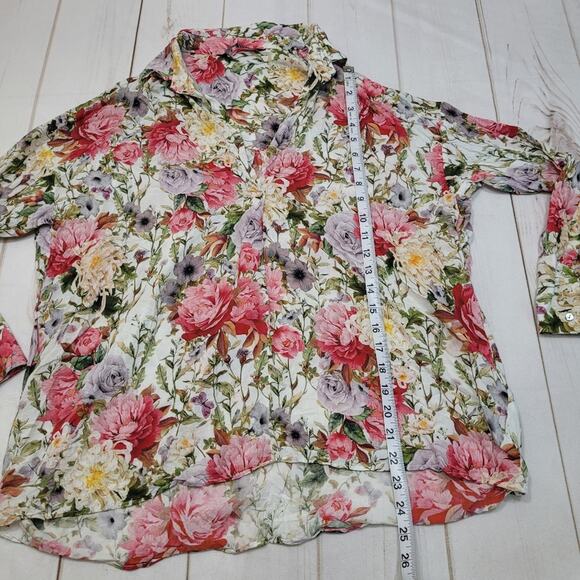 Zara floral rose peony mulitcolor blouse V neck button long sleeve - Picture 6 of 8